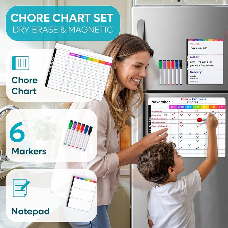 MODERNEAT Magnetic Chore Chart Dry Erase Whiteboard Set - Pocket Charts for Multiple Kids, Teens & Adults (15"x 11.5"), Daily to-Do, Grocery, Notes (9"x 7") -Behavior Chart for Fridge & 6 Fine Tip Markers - Image 2